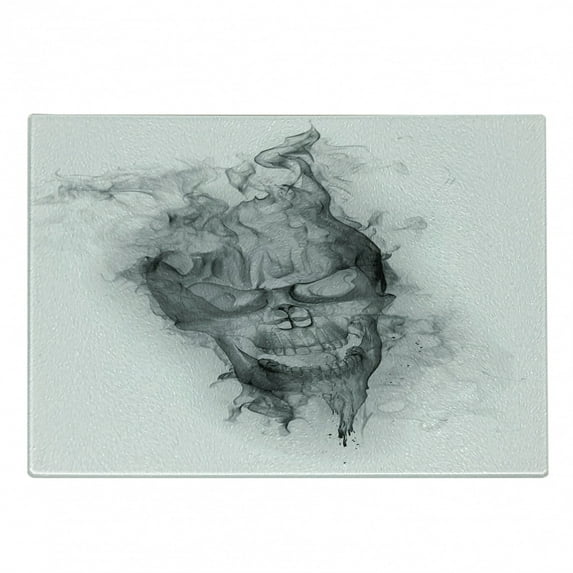 Skull Cutting Board, Contemporary Illustration of Smokey Grungy Dark Horror Style Devil Evil Print Art, Decorative Tempered Glass Cutting and Serving Board, in 3 Sizes, by Ambesonne