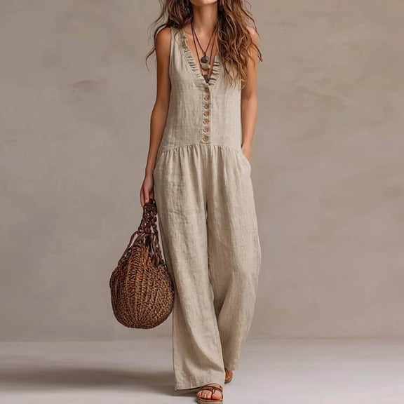 ClodeEU Women's Linen Blend V Neck Sleeveless Wide Leg Jumpsuit,Casual Romper with Pockets for Summer Khaki,Women's Plus L