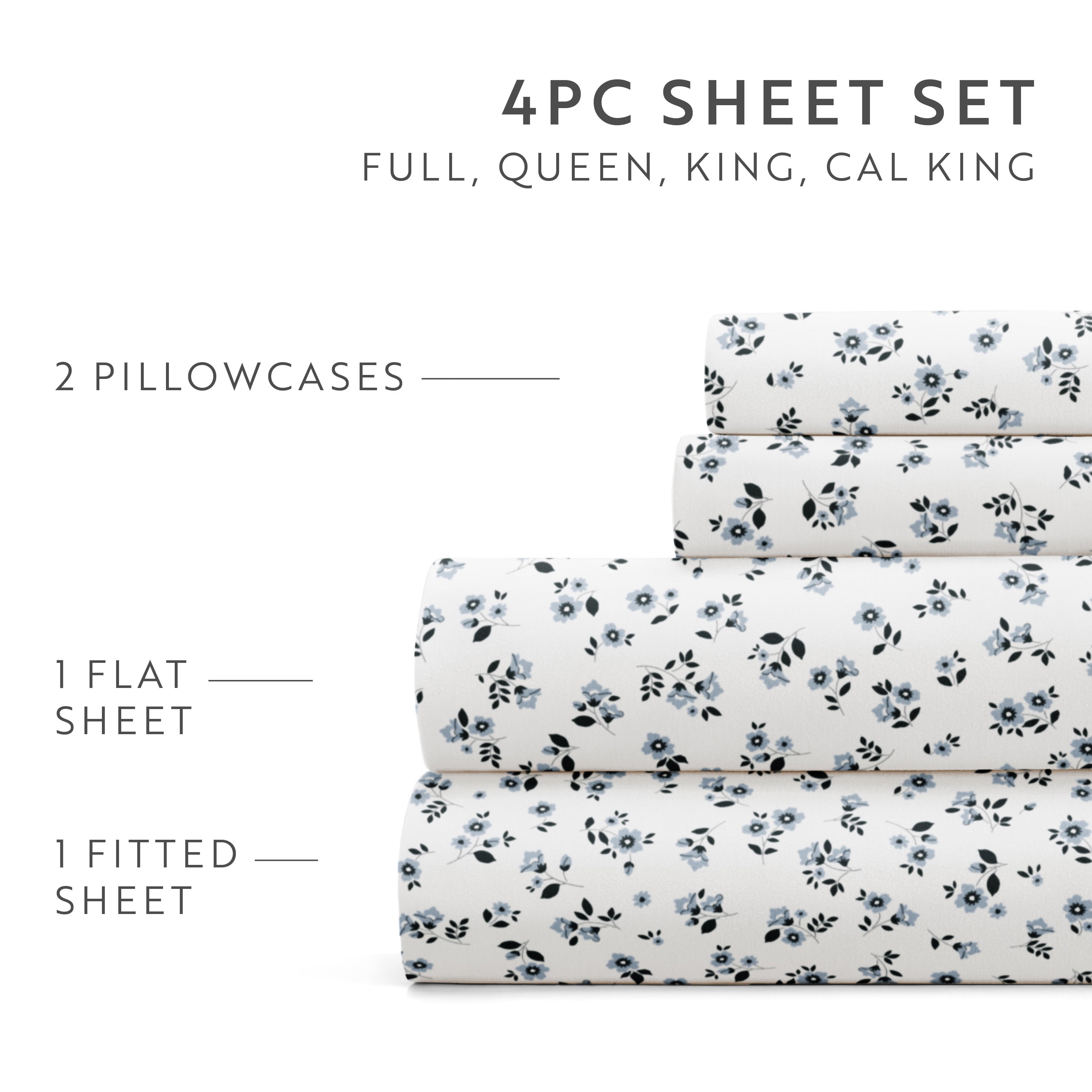 Noble Linens 4 Piece Pattern Microfiber Bed Sheets Set, Ditsy Blossom Light Blue, Full