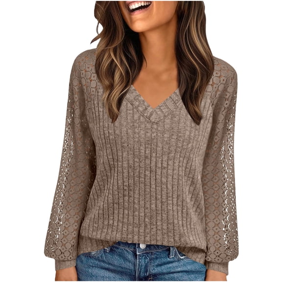 yillto Womens Sweaters Lace Long Sleeve V Neck Knit Fashion Tops Lightweight Dressy Trendy Sweater