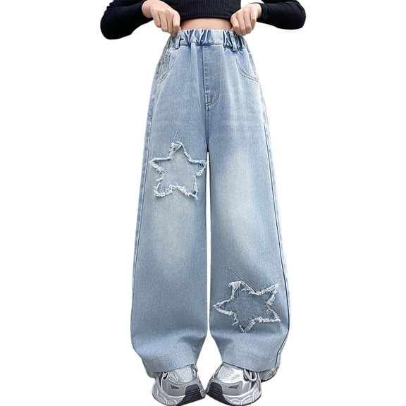 LIJCC Teen Girls Star Embroidered Straight Leg Wide Leg Jeans Trendy Loose High Waist Elastic Waist Straight Denim Pants