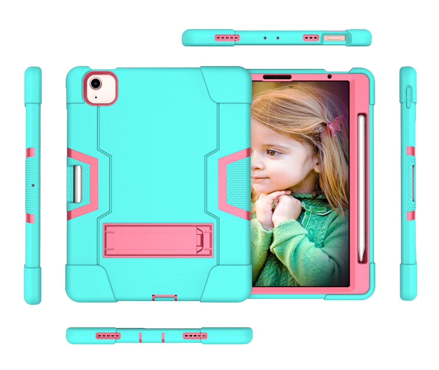 Allytech iPad Air 5 Case 2022, iPad Air 4 Case 2020, Heavy Duty Protection Shockproof Build In Kickstand Pencil Holder Kids Friendly Case for Apple iPad Air 5th 4th Generation, BlackAqua/Rose