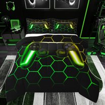 jejeloiu Console Game Lovers Bedding Comforter Set,Gradient Green Yellow Gamepad Twin Comforter Sets,Modern Geometric Honeycomb Bedding Set For Boys Teens,Ultra Soft Home Decor Reversible,2-Piece