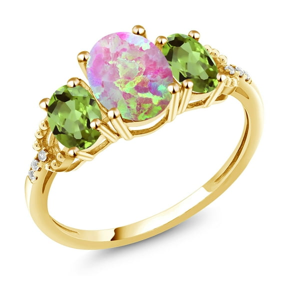 Gem Stone King 2.09 Cttw Oval Cabochon Pink Simulated Opal Green Peridot and Diamond 10K Yellow Gold Ring for Women | Gemstone Birthstone (Size 6)