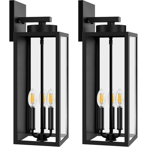 Outdoor Wall Light Fixtures, Exterior Waterproof Lanterns, Porch Sconces Wall Mounted Lighting with E26 Sockets & Glass Shades, Modern Matte Black Wall Lamps for Patio Front Door Entryway, 2-Pack