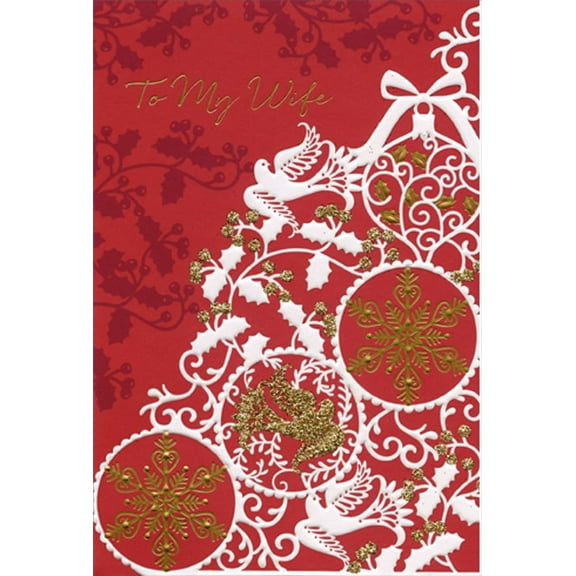 Pictura White Doves, Ornaments and Holly Silhouettes on Deep Red Wife Christmas Card