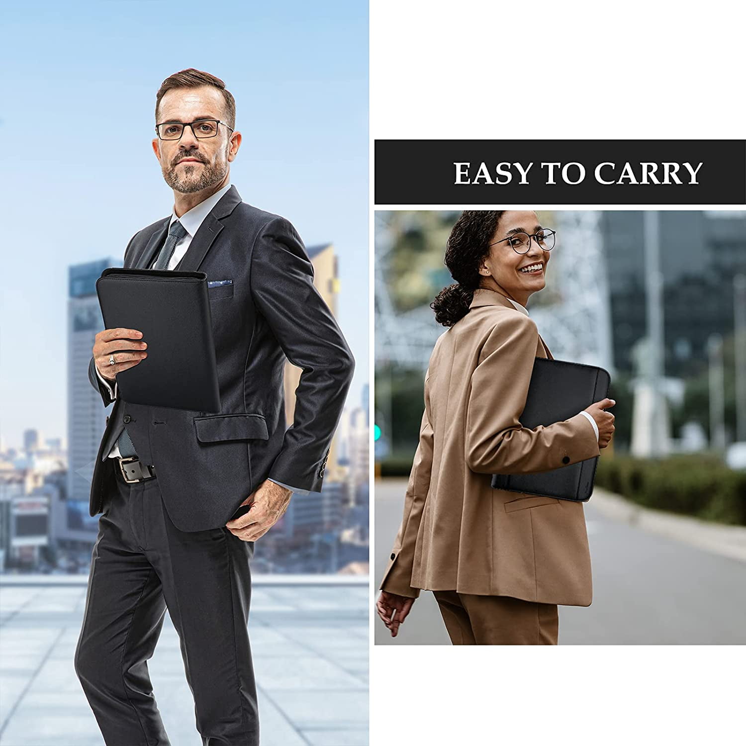 ProCase Portfolio Binder, Leather Padfolio File Folder Zipper Notepad Business Legal Document Holder with Tablet Sleeve, Phone Pouch, Card Organizer, Writing Pad -Black