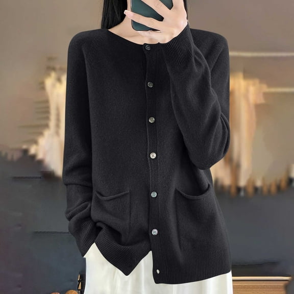 Vivianyn HD Women's Crew Neck Button Down Cardigan, Long Sleeve Casual Knit Sweater with Pockets,Black,Size S-XXL