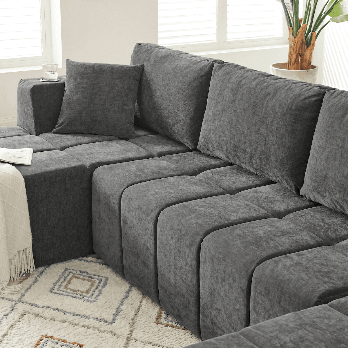 132" Modular Cloud Couch Sectional Sofa, U-Shaped Chenille Sectional with Double Chaise, Cup Holders & Side Pockets, Modern Oversized Sofa for Living Room, No Assembly, Gray