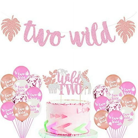 Safari Jungle Animal 2nd Birthday Party Supplies Pink Rose Gold Glittery Two Wild Banners Safari Animal Balloons Zoo Two Cake Topper Jungle Animal Themed Girls 2nd Birthday Party Supplies De