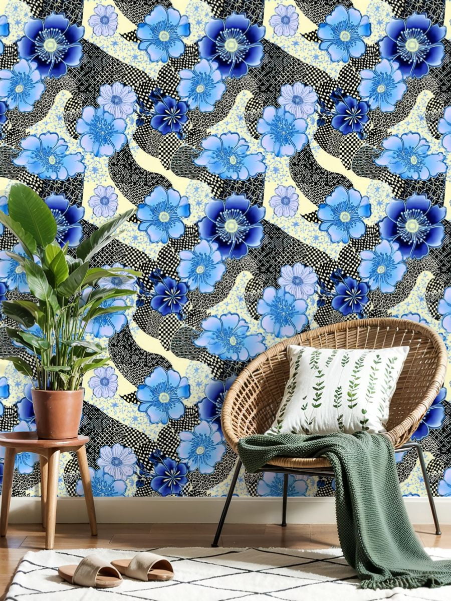 Peel and Stick Wallpaper 23.6in x 9.8ft Blue Floral Blossom Abstract Geometric Shapes Textured Contact Paper Vinyl Self-Adhesive Removable Wall Paper for Bedroom Bathroom Renter Friendly