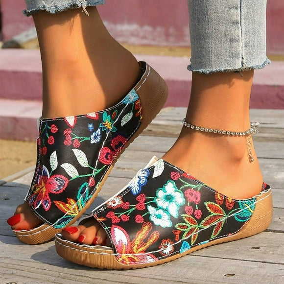 Bmisegm Ladies Summer Retro Colour Blocking Flowers Leather Hollow Breathable Slope with Thick Bottom Large Size Fish Mouth Sandals Slippers Summer Black 8.5