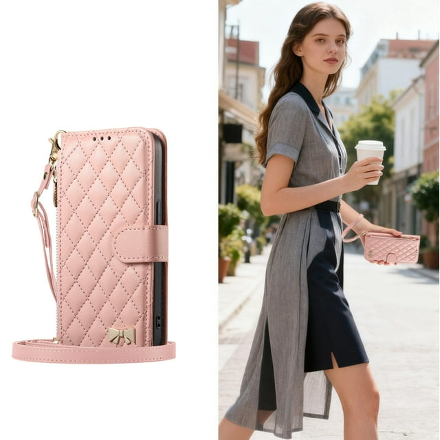 Case for Motorola Edge 60 Pro GANGXUN Wallet Flip Phone Case with Strap,Quilted Leather Cover with Gold Bow