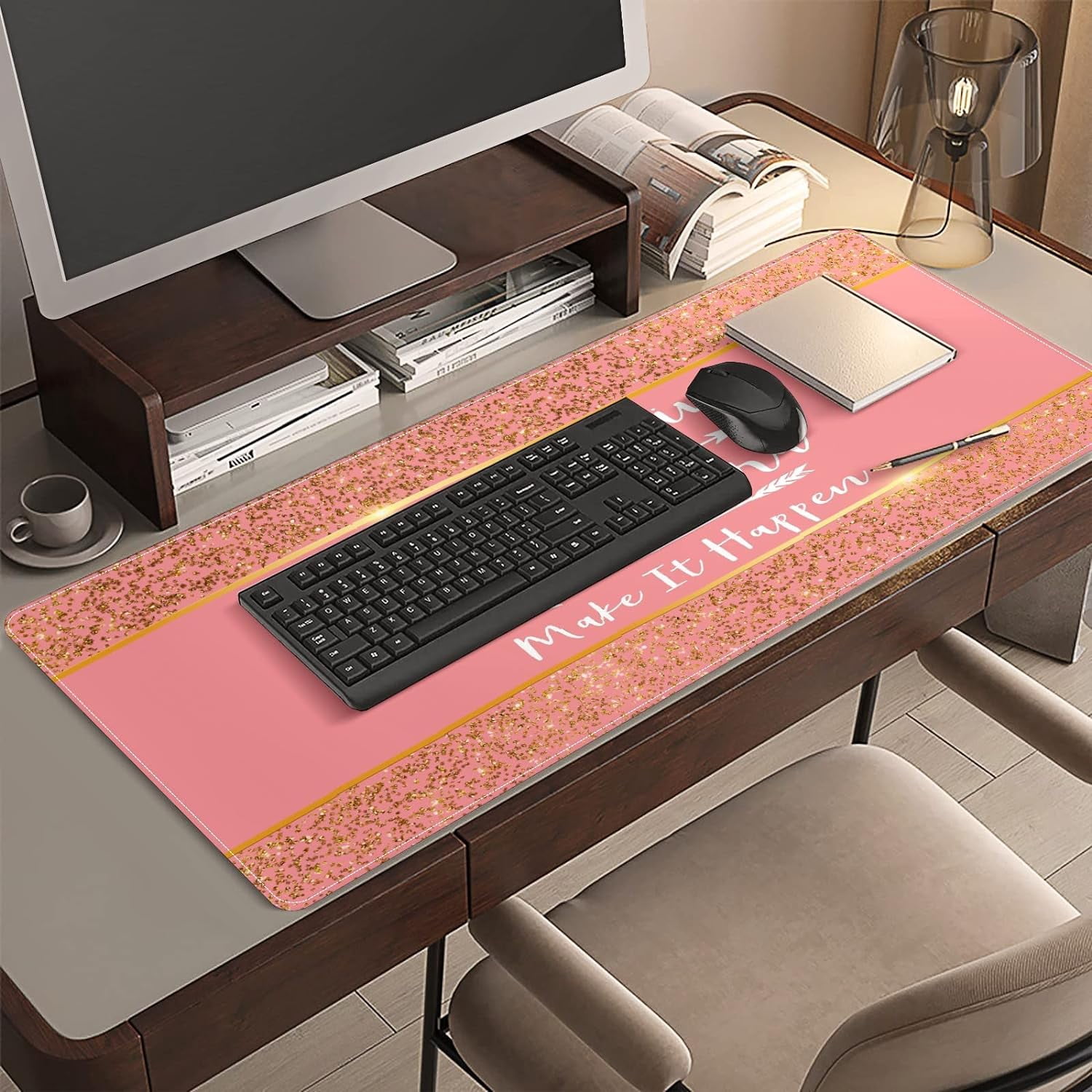 Golden Glitter Sparkle Desk Mat, Desk Accessory, Cute Workspace, Trendy Workspace, Trendy, 35.4x15.7in Large Gaming Mouse Pad, Cute Desk Topper, Pretty Desk Pad