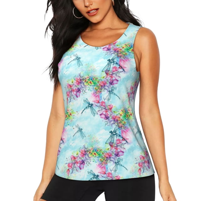 Fotbe Dragonfly Floral Blusas Sin Mangas para Mujer – Estilo Casual, Corte Suelto, Slim-Fit, Cuello Redondo Deportivo, Tops de Verano para Gimnasio y Yoga-X-Large