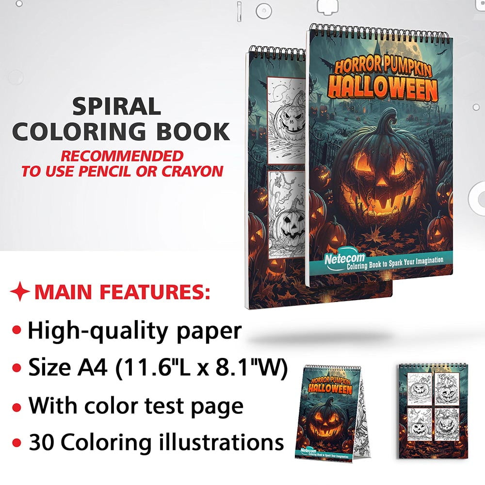 Netecom Horror Pumpkin Halloween Coloring Book for Adults, Spiral Bound, Soft Cover