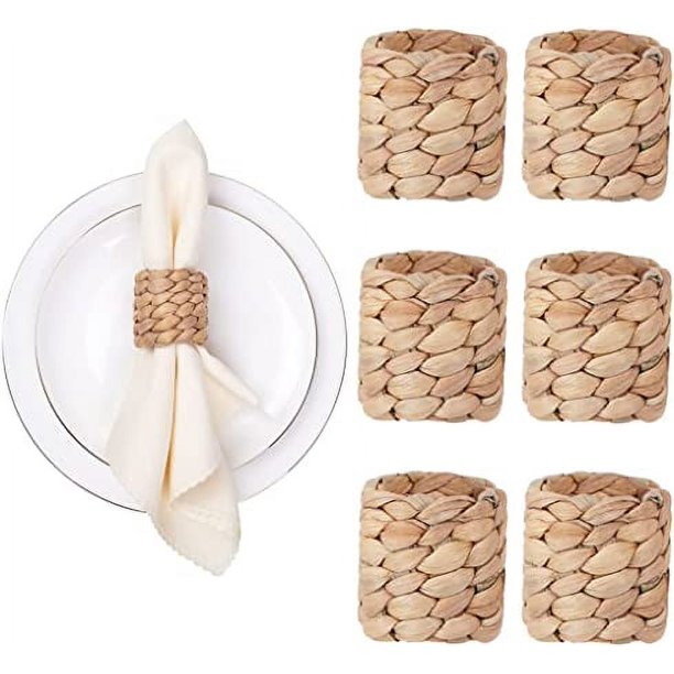 Juego de 6 servilleteros, servilleteros de jacinto de agua natural tejidos a mano, servilleteros hechos a mano para fiesta de cumpleaños, Acción de Gracias, boda, decoración de mesa de festivales de N