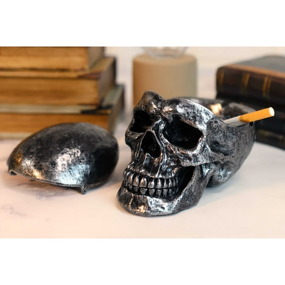 Ebros Gothic Silver Black Homosapien Skull Ashtray Statue Haunted Pirate Loot Box