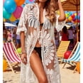 thumbnail image 6 of Qzwdhjm Women's Beach Coverup Mesh Hollow Out Midi Cardigans Cover Ups 3/4 Sleeve Open Front Swim Suits Cover Up Summer Beachwear Coverups, 6 of 7