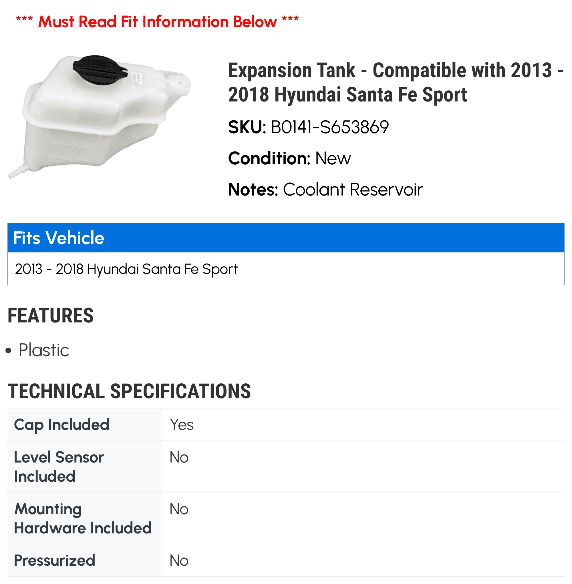 Expansion Tank - Compatible with 2013 - 2018 Hyundai Santa Fe Sport 2014 2015 2016 2017