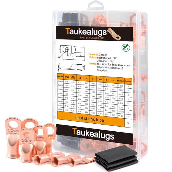 80 Pcs Connecteurs de Borne de Batterie en Cuivre Kit de Cosses de Câble, AWG6 4 2 1/0 Gauge 5/16 3/8 Extrémités de Fil à Sertir avec Assortiment de Tubes Thermorétractables