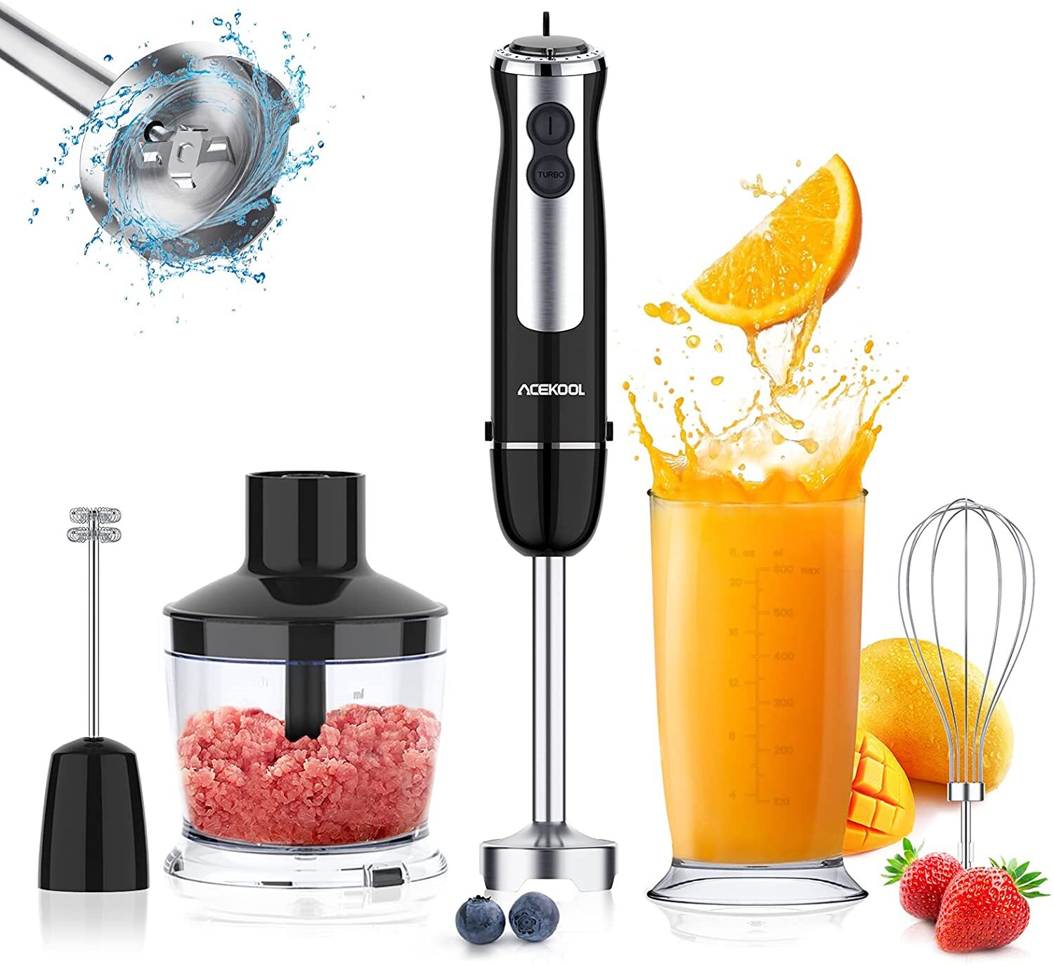 Acekool 800W Immersion Hand Blender 12 Speed 5in1 Stainless Steel