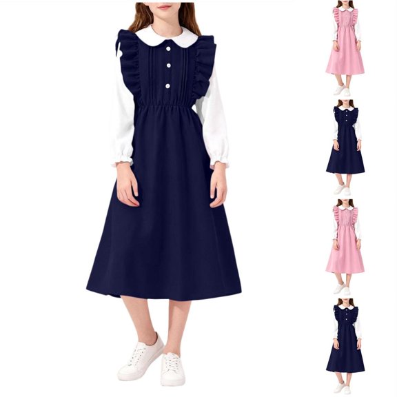 Bxsruta Girls Long Sleeve Button Down Dress for Kids Casual Lapel Pleated School Uniform Daily Wear