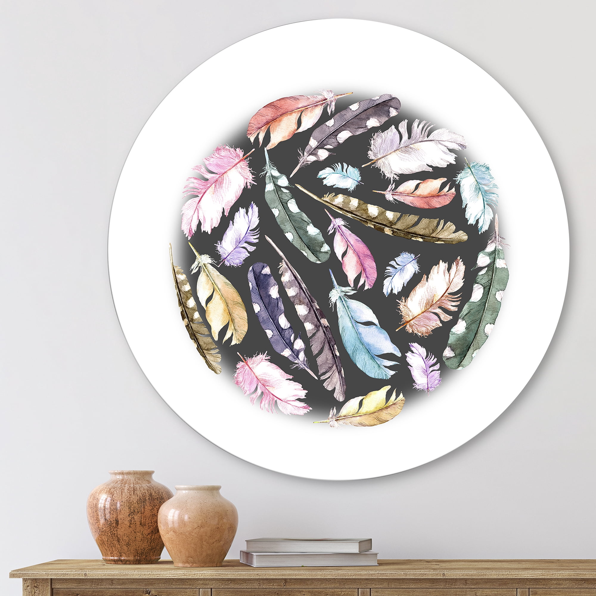 Designart 'Colorful Boho Feathers In Circle Shape' Bohemian & Eclectic Circle Metal Wall Art 23x23 - Disc of 23