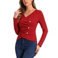 thumbnail image 4 of INSPIRE CHIC Women's Casual Buttons Decor Ruched V Neck Knit Tops XS Red, 4 of 5