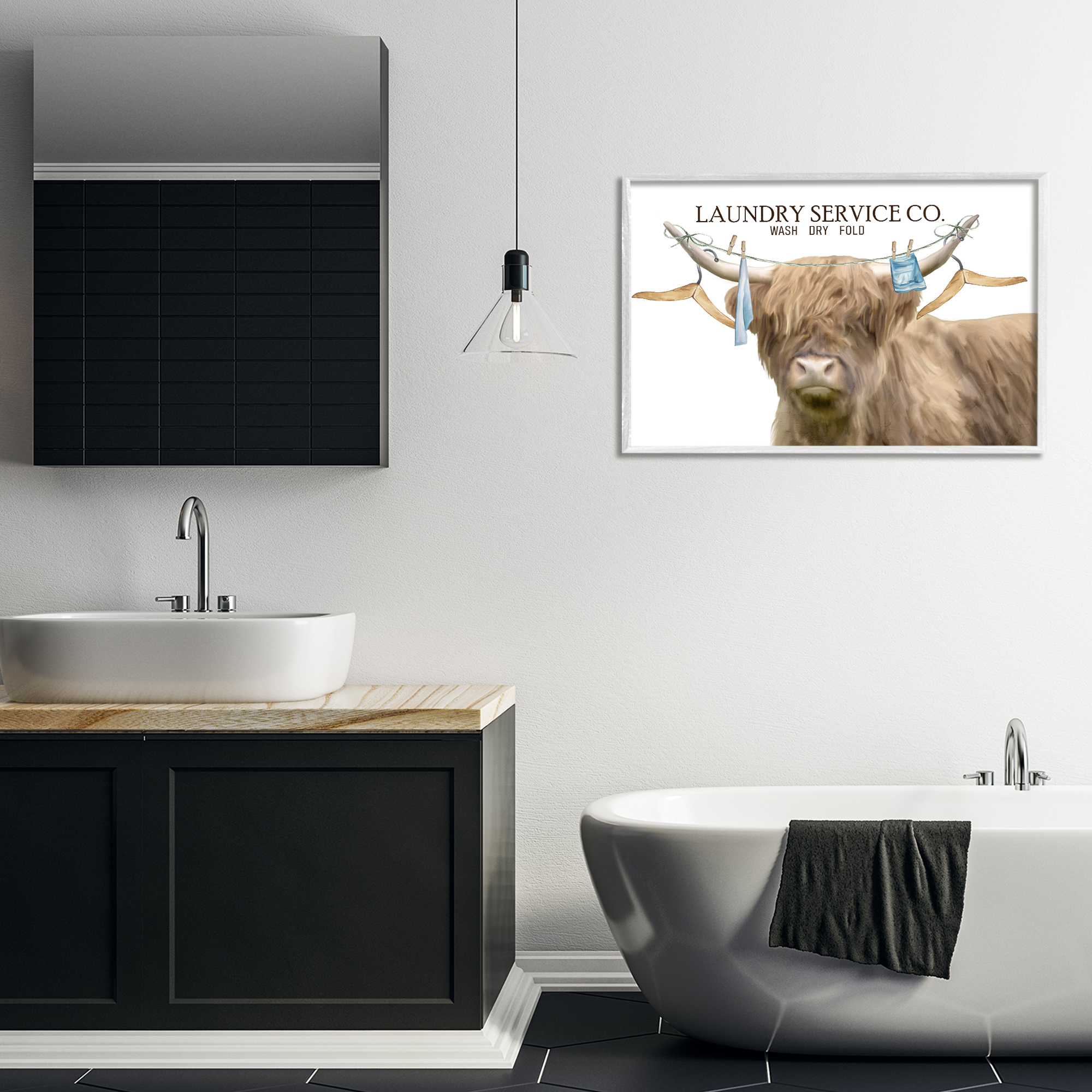 Laundry Service Cattle White Framed Giclee Art, design by Kim Allen