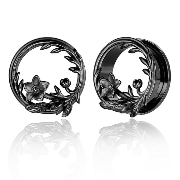 LADEMAYH Cute Flower Design Ear Plugs Tunnels Gauges for Women, Hypoallergenic Surgical 316L Stainless Steel Ear Expanders Body Jewelry (2pcs Black, 08mm=0g)