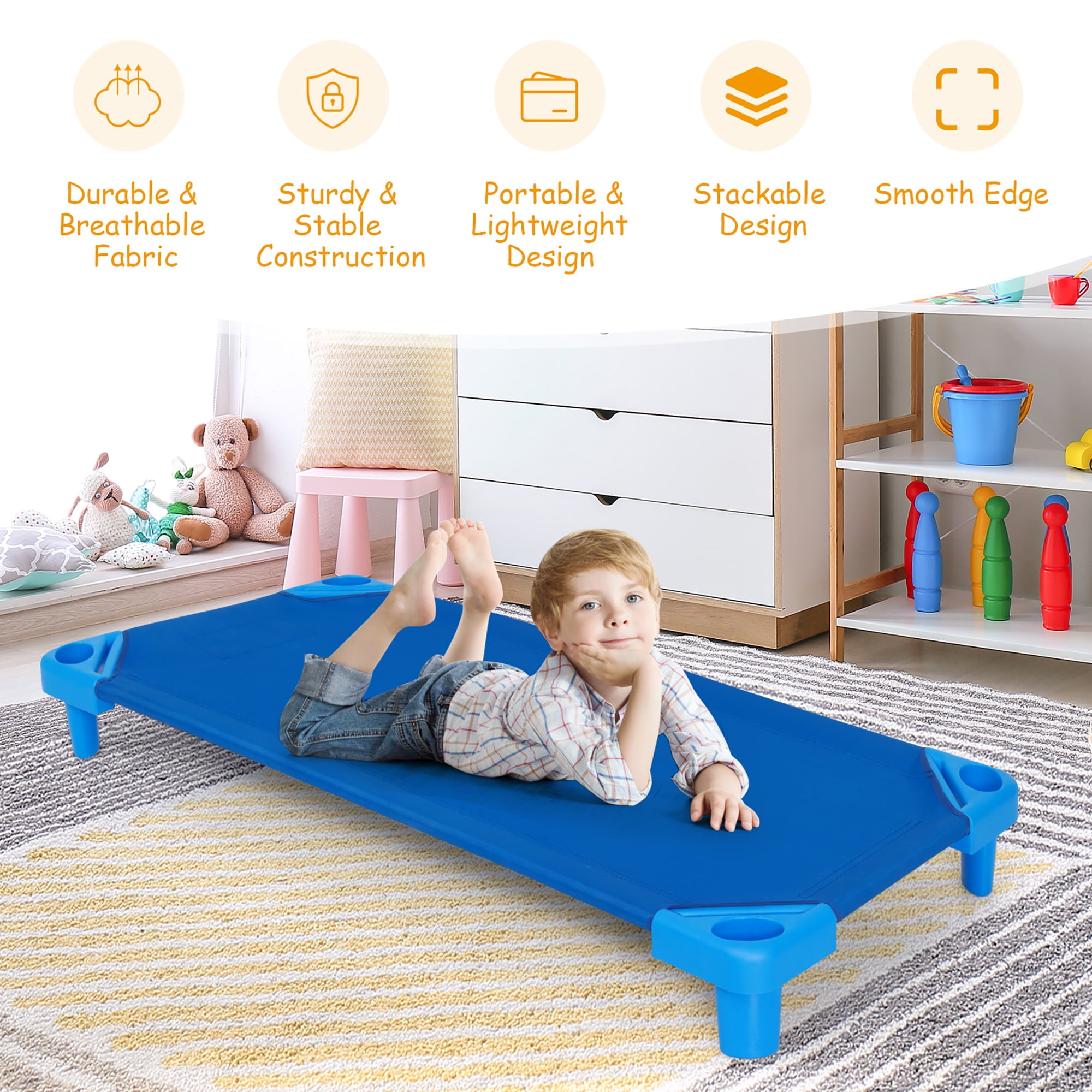  Leinuosen 6 Pcs Stackable Sleeping Daycare Cots for Kids 52 L  x 23 W Daycare Toddler Nap Cots Preschool Classroom Daycare Beds Daycare  Furniture, Ready to Assemble for Kids Sleeping Resting