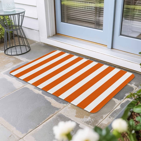 Burnt Orange Striped Door Mat Indoor Outdoor, Thanksgiving Orange White Stripes Non Slip Welcome Mat with Rubber Backing, Absorbent Fabric Front Door Mats Entryway Rug for Home Patio Entrance 24"x36"