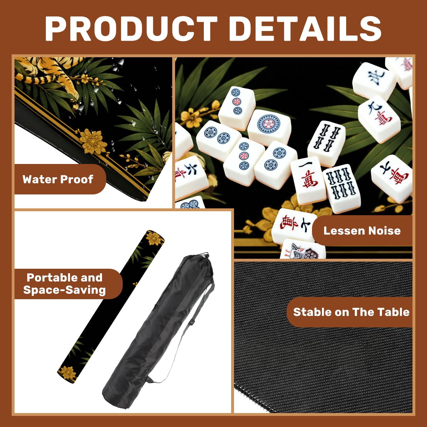Mahjong Mat 31.5" x 31.5" Golden Tigers Tropical Leaves Blossoms Black Non-Slip Noise Reduction American Mahjong Tiles Table Cover for Dominoes Poker Card Board Games Gift