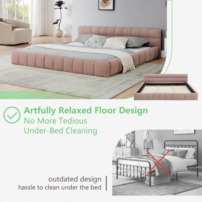 King Size Upholstered Platform Bed with Thick Fabric, Chenille Fabric Grounded Bed Floor Bed with Headboard and Solid Frame, No Box Spring Needed