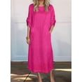 thumbnail image 6 of Womens Loose Fit Casual Solid Color Short Sleeve Linen Blend Midi Dress Summer Rose Red XXXL, 6 of 8