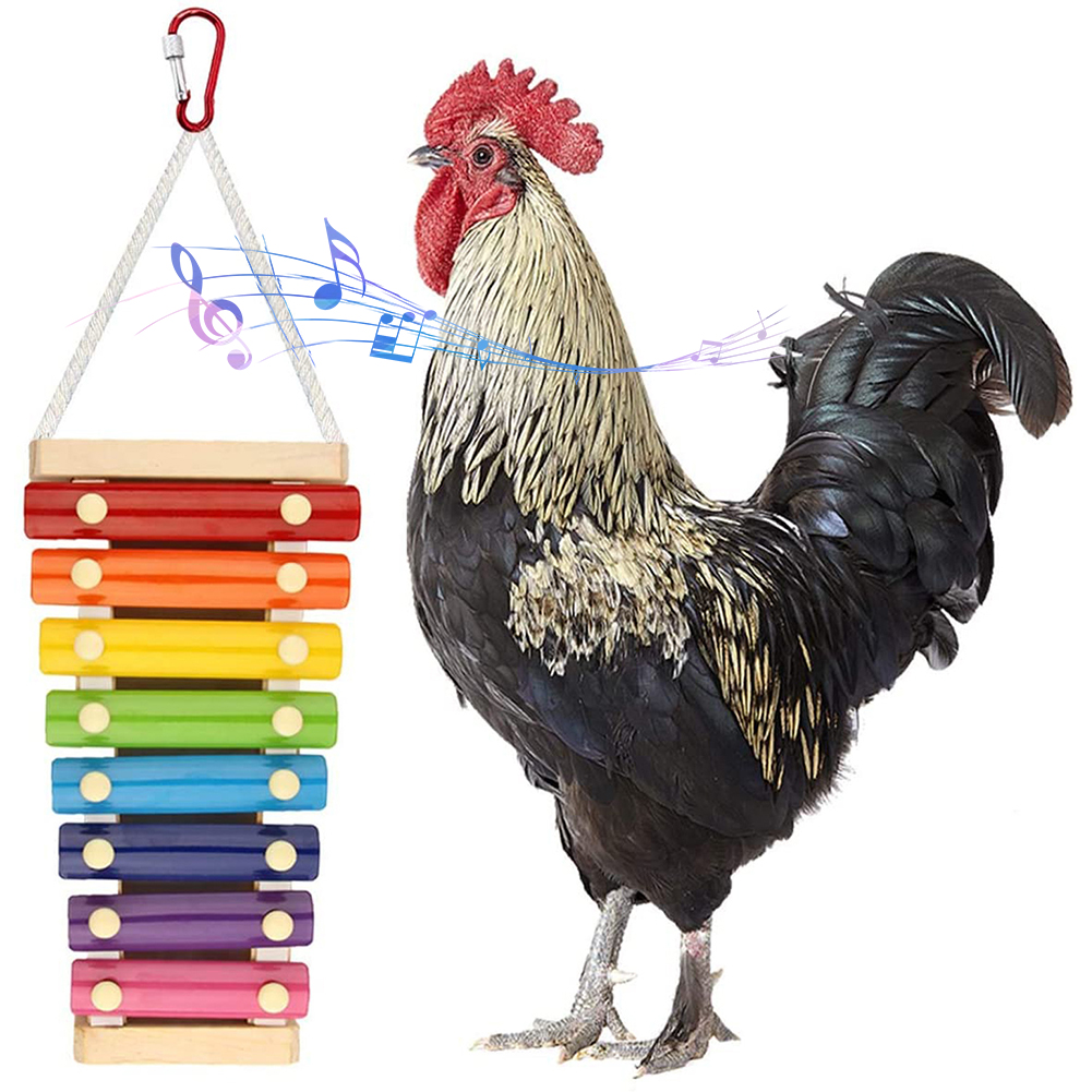 WSpring Chicken Xylophone Toy Suspensible Wooden Xylophone Toy for Hens with 8 Metal Key Chicken Coop Pecking Toy with Bell