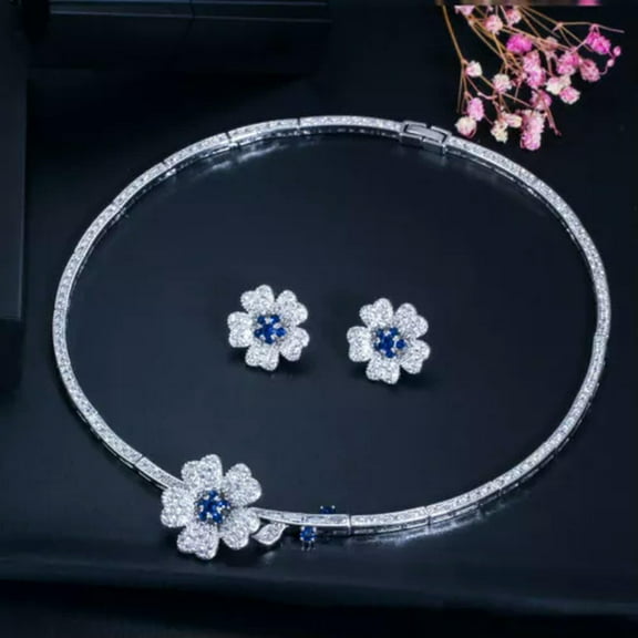 Silver Plated CZ Green Flower Choker Women Party Necklace Earrings Jewelry Set