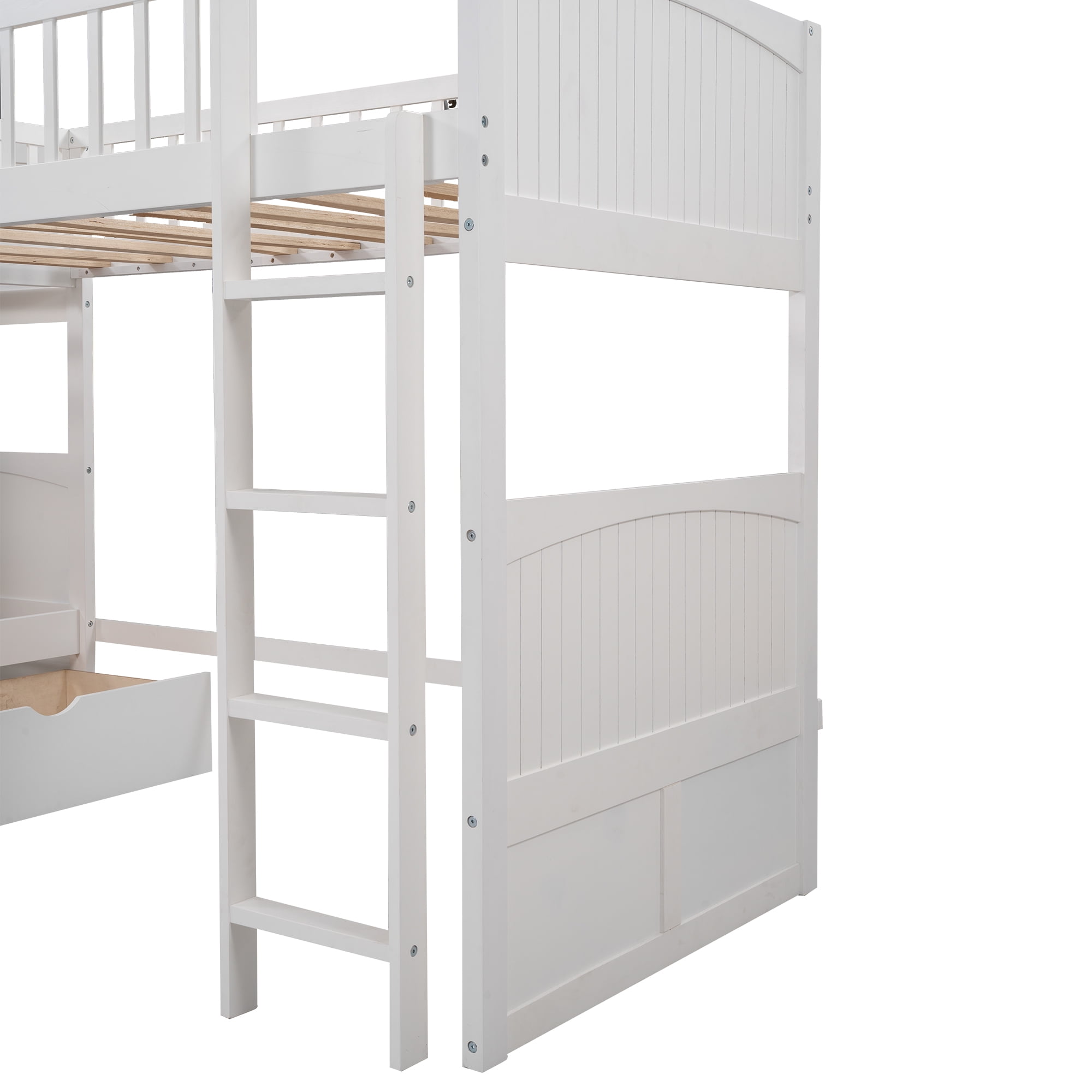 Euroco Twin Size L-Shaped Wood Triple Bunk Bed with Drawers for Kids Teens Bedroom, White