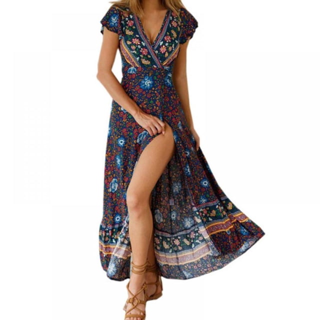 PENGXIANG Femmes Bohème Imprimé Floral Wrap V Cou Manches Courtes Split Beach Party Maxi Robe S-XL
