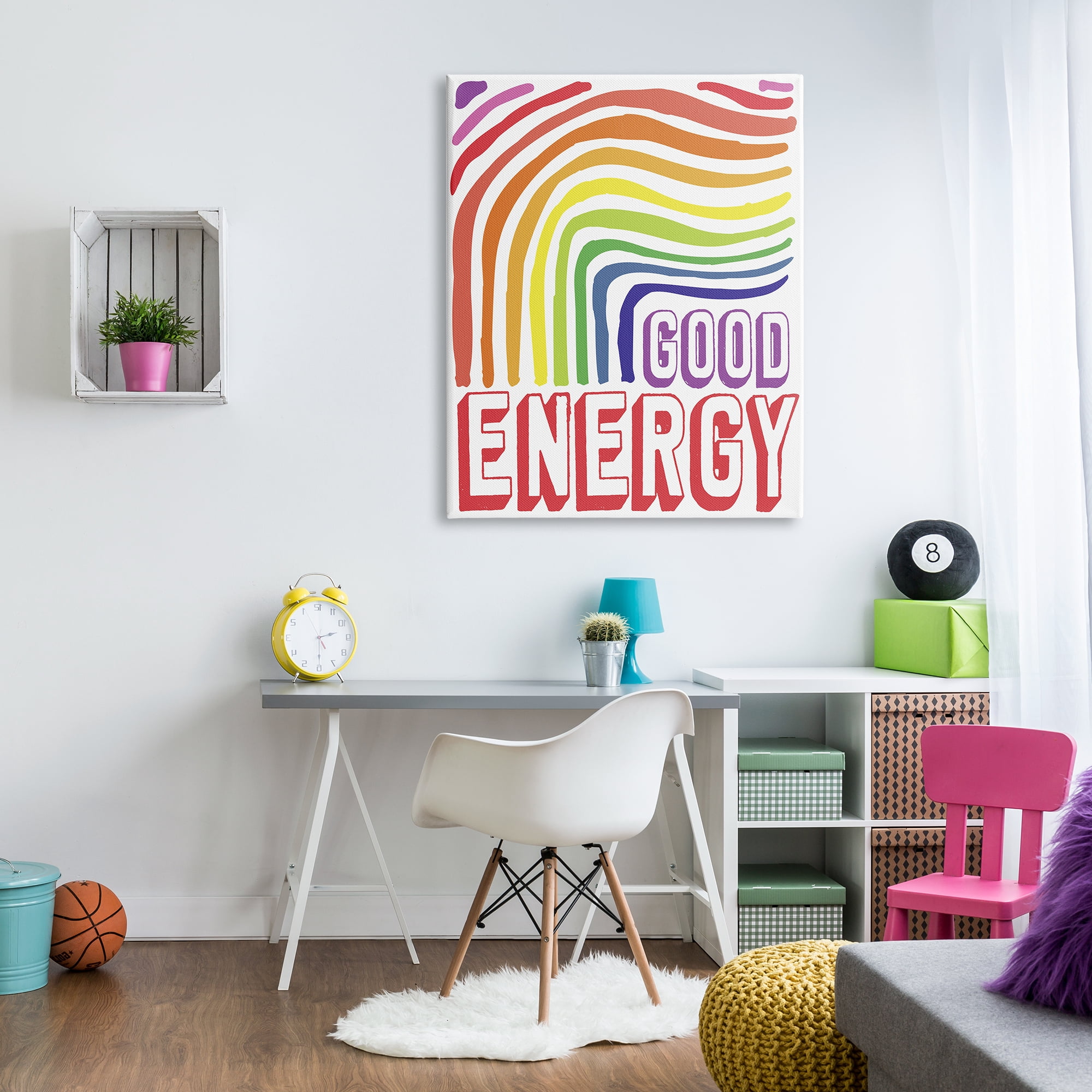 Stupell Indtries Good Energy Phrase Abstract Rainbow Waves Bold Typography,36 x 48,Design by Elizabeth Medley