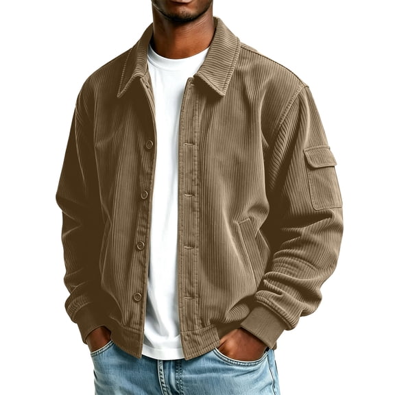 Gamivast Men's Corduroy Jackets Button Down Long Sleeve Shacket Tops Vintage Bomber Coat with Pocket Casual Fall Winter Outerwear Everyday Wear