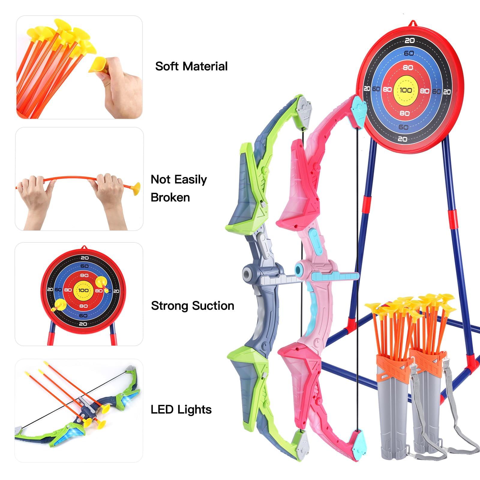 2 Pack Kids Bow and Arrows Set with LED Lights Included 10 Suction Cup Arrows and Standing Target-Sport Toys Gifts for Boys and Girls Ages 6-12