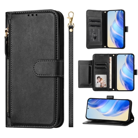 Phone Case for Motorola Moto Edge 60 Neo / Moto Edge 50 Neo, Shockproof PU Leather Wallet Case with 7 Card Slots Stand Magnetic Flip Zipper Pocket Cover, Black