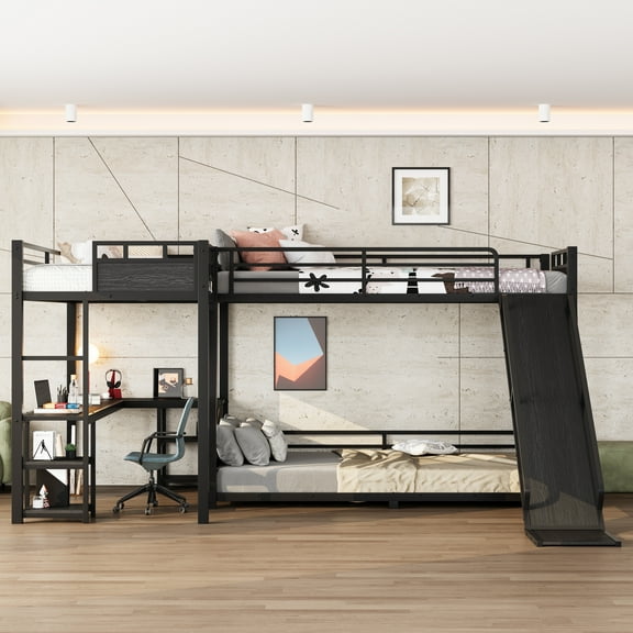L-Shaped Triple Bunk Bed with Slide, Full Over Queen & Twin XL Loft Metal Bunk Bed with Desk and Shelves, Space Saving 3-in-1 Bed, Black