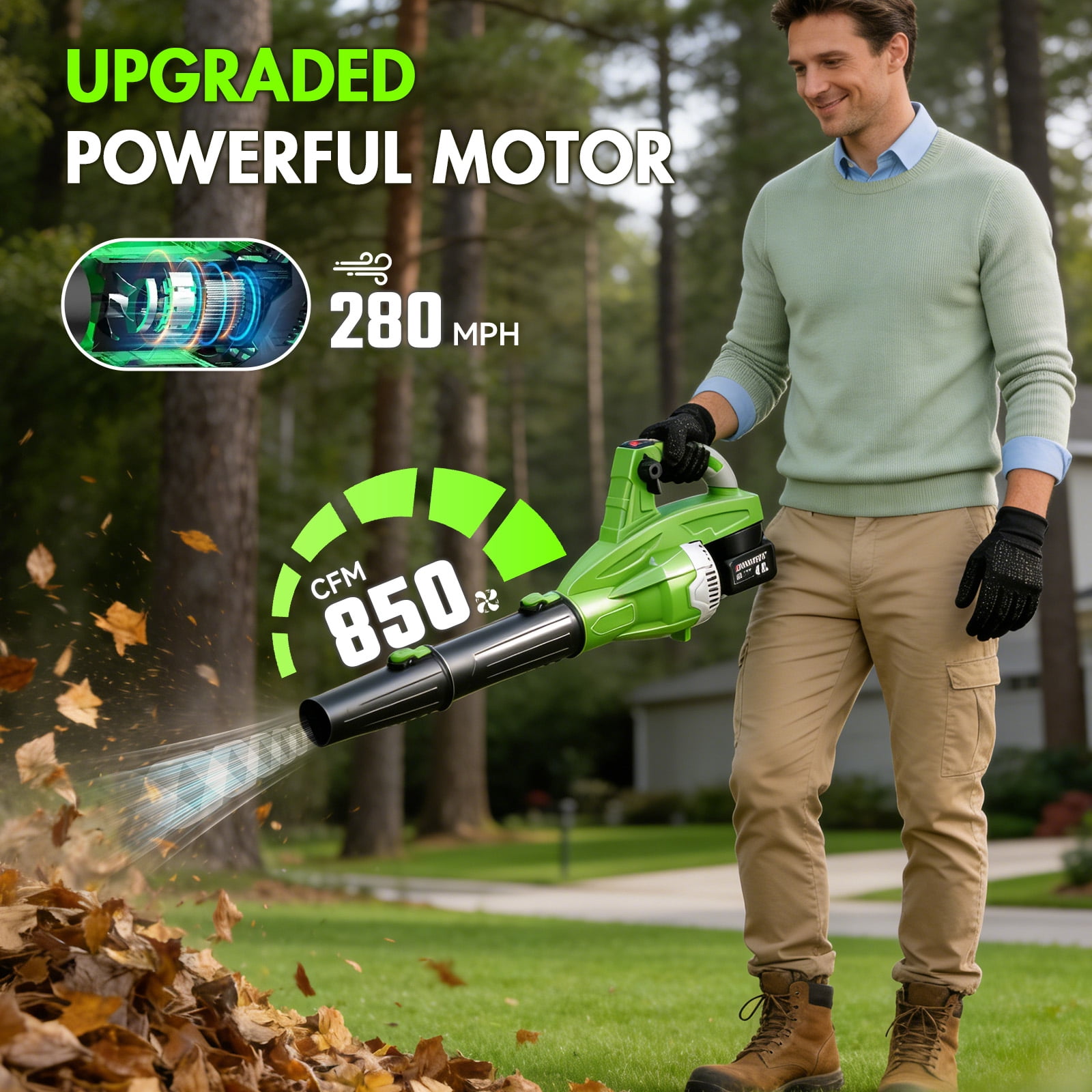 Cordless Leaf Blower, 200 MPH 850 CFM Electric Blower with 8 Speeds, 2×4.0AH Batteries and Charger, Lightweight for Yard, Patio and Dust Cleaning