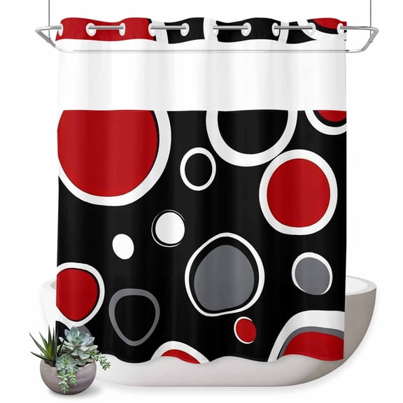 No Hook Shower Curtain with Built-in Rings - Abstract Modern Washable Waterproof Fabric Bathroom Curtains for Hotel,Rentals, 66 X 72 Inch Long , Geometric Circle Red Black White