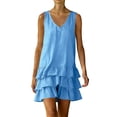 thumbnail image 2 of Women Summer Linen Dress Sleeveless Strap Solid Solor Short Dress V Neck Knee Length Beach Casual Dress Blue XL, 2 of 7