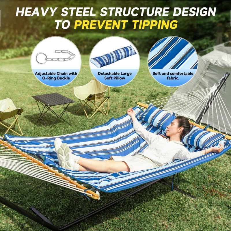 MIHOVER Heavy Duty Double Hammock with Stand - 500 lbs Capacity, Easy Setup & Detachable Pillow for Indoor/Outdoor Relaxation
