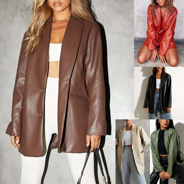 Blazer Women Oversized Faux Leather Motorcycle Long Sleeve Solid Open Front Suit Jacket Brown S